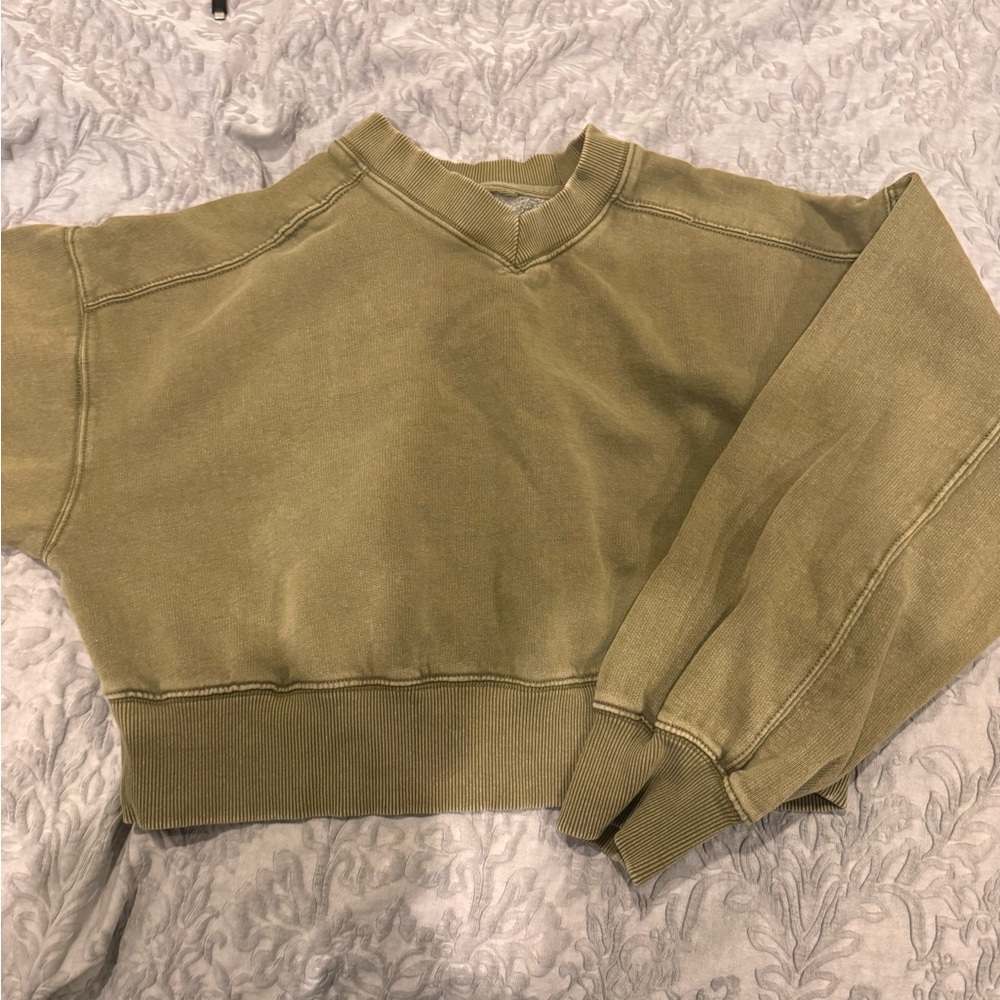FP Movement by Free People Antiqued Olive Army Green Cropped Sweatshirt